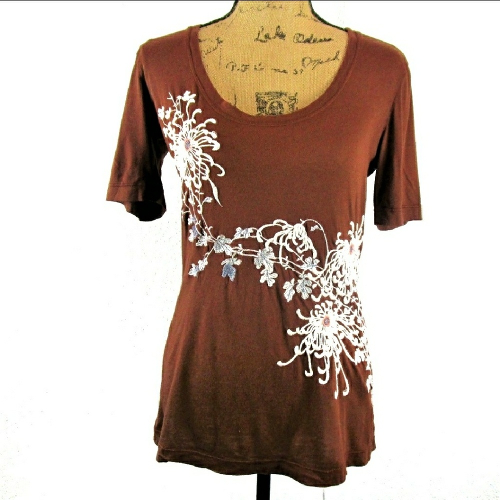 Johnny Was JWLA Brown Embroidered Shirt